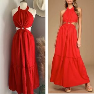 ❤️ Lulus Total Happiness Red Tie-Back Cutout Maxi Dress